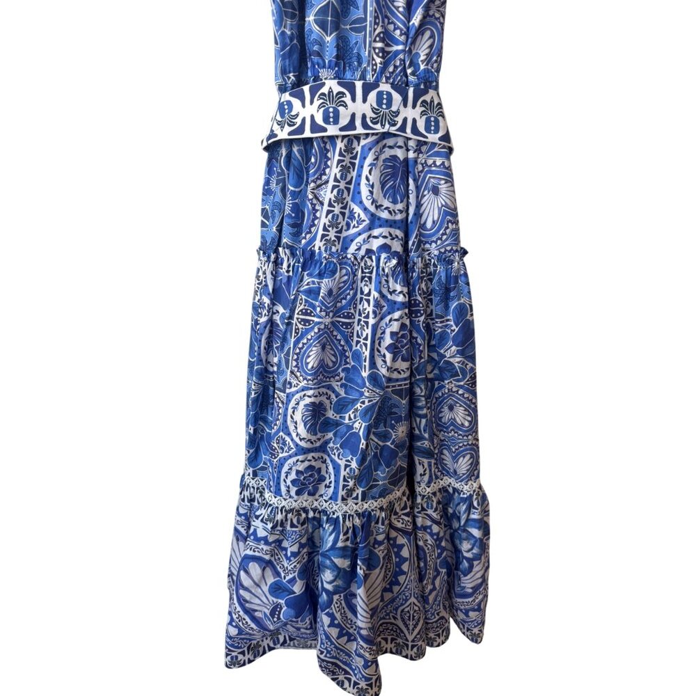 Farm Rio Maxi Blue And White Belted Dress Size L Anthropologie Blue Tile Dream - Picture 10 of 15